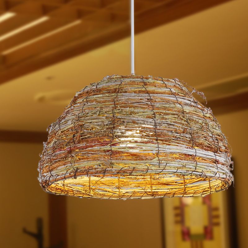 Lámpara colgante de Rattan Dome China 1 Cabeza Flexión de iluminación colgante de lino para casa de té