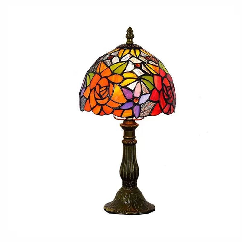 Illuminazione da tavolo con fiori multicolori Illuminazione da tavolo rustica Tiffany a 1 luce con paralume in vetro colorato con finitura bronzo/ottone
