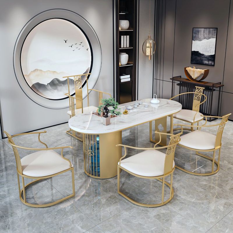 Traditional Luxury Oval Dining Table Sintered Stone Table with Gold Double Pedestal for Dining Room