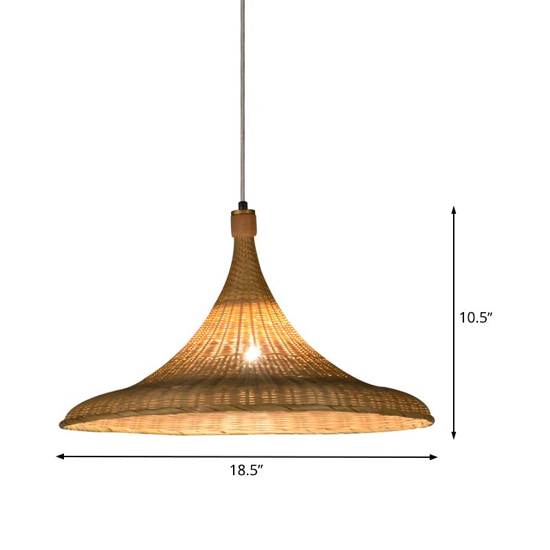 1 Head Wide Flare Pendant Light Chinese Bamboo Suspended Lighting Fixture in Flaxen