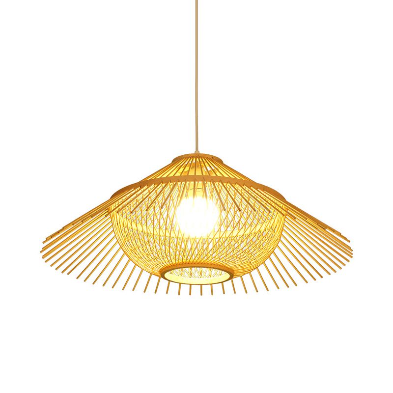 Lámpara de techo de 1 cabeza de techo Asia accesorio de iluminación colgante amarillo con sombra cónica de bambú