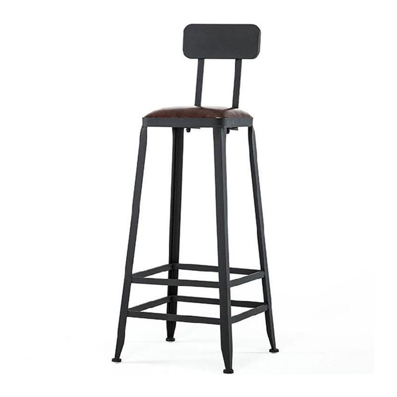 Industrial Brown Leather Bar Stools Square Stool with Metal Base