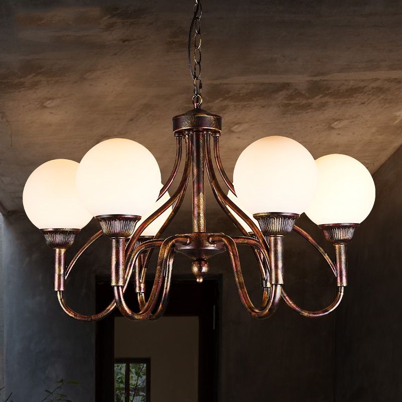 Opal Glass Sphere Chandelier Lamp Rural 6-Head Restaurant Pendant Ceiling Light in Rust
