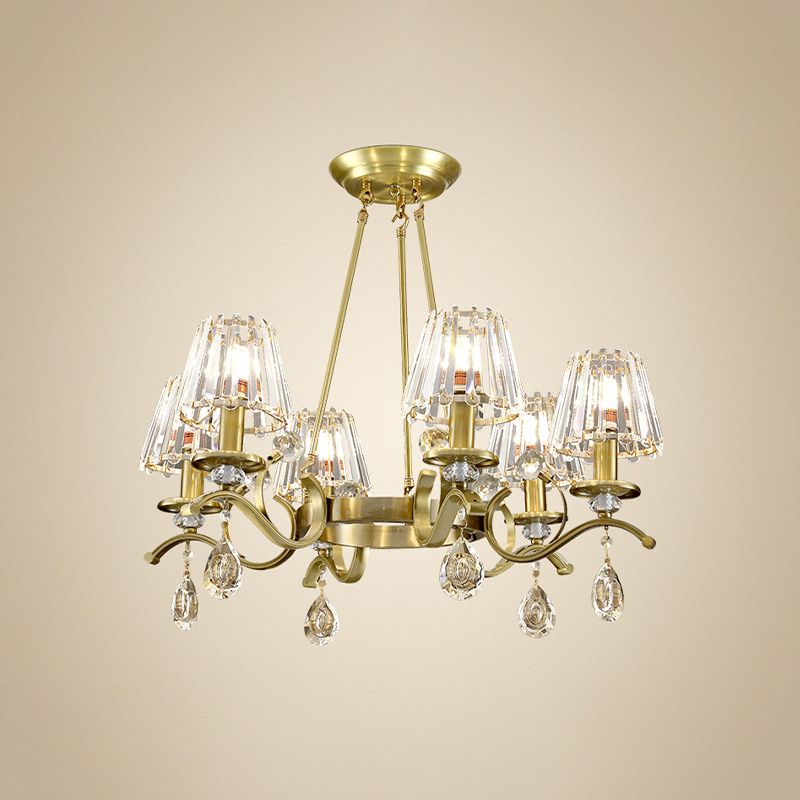 Gold Finish Wheel Chandelier Postmodern Metal 6-Head Living Room Hanging Lamp with Cone Crystal Shade