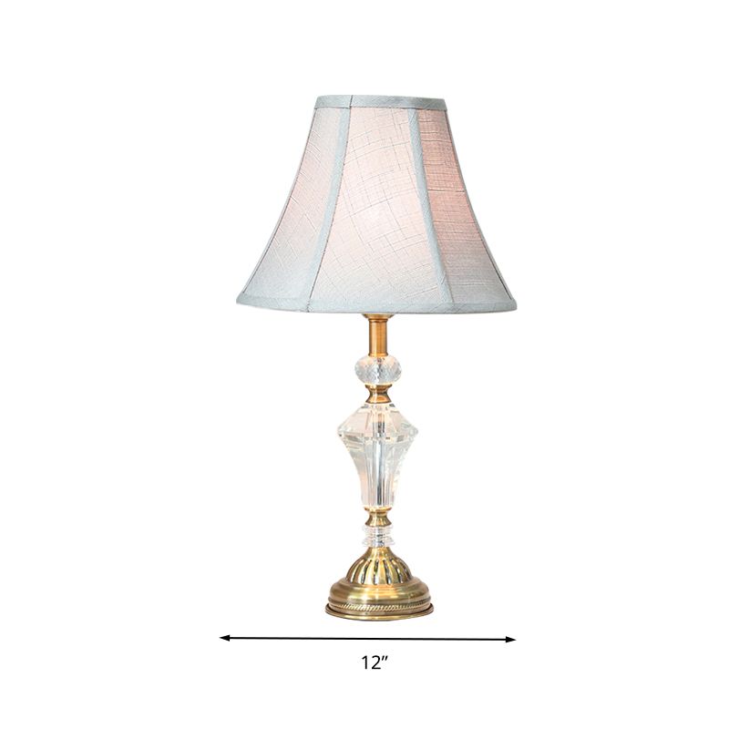 1 Light Paneled Bell Night Table Lamp White Fabric Nightstand Light with Crystal Accent