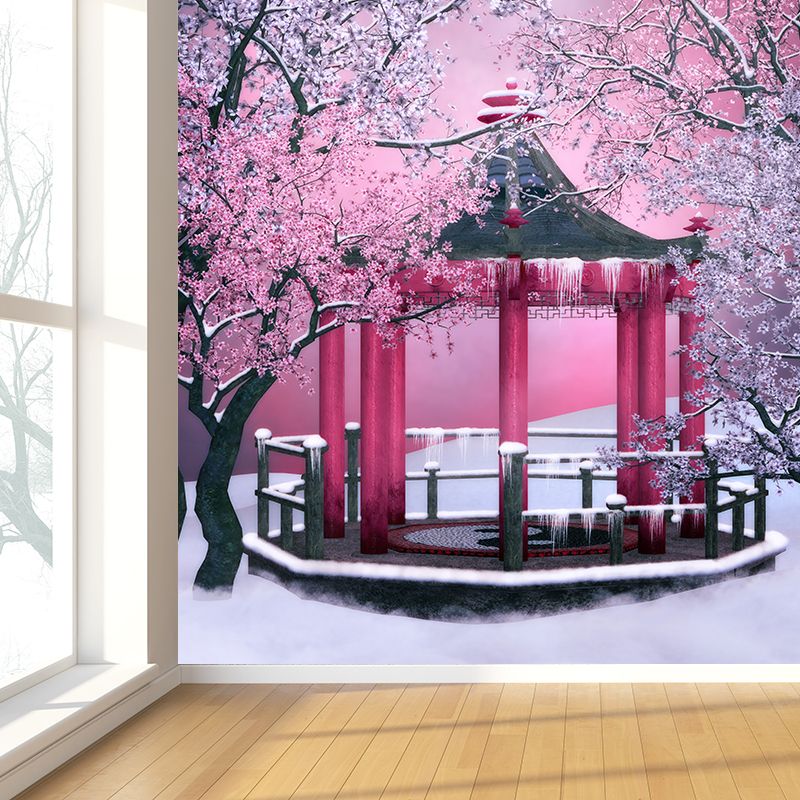 Large Flower and Pavilion Mural Contemporary Chilling Winterscape Wall Decor in Pink