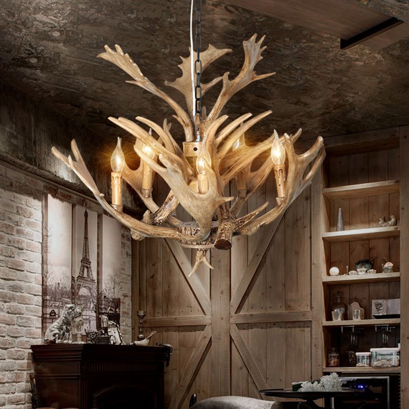 Salle de salle à manger de bougie lampe suspendue à la résine traditionnelle 5 ampoules marron clair