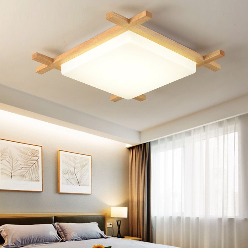 Modern Minimalist LED Ceiling Fixture Wooden Square Flush Mount with Acrylic Shade