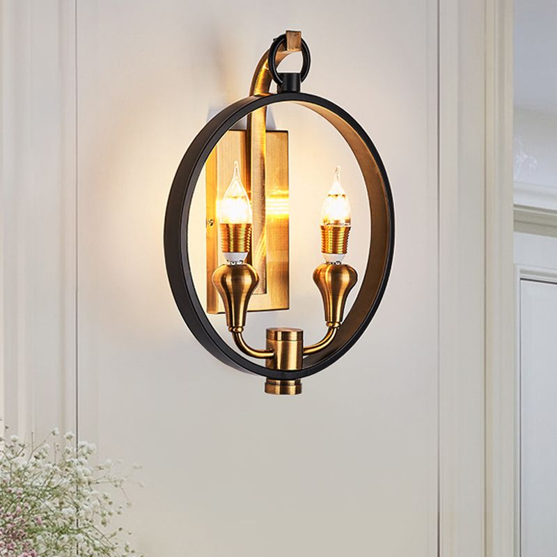 Black Ring Sconce Lighting Farmhouse Style Metal 2 Heads Corridor Mur Murd Murded Lampe avec une ampoule nue