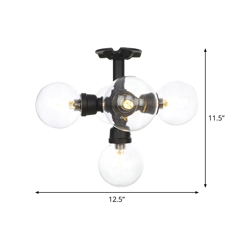 Black 4/5/6-Head Semi Flushmount Antiqued Clear Glass Ball LED Close to Ceiling Lighting