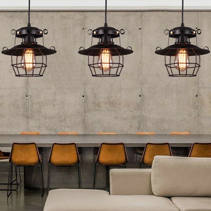 Luce a sospensione in gabbia in ferro battuto nero stile industriale a 1 lutto lampada a soffitto appesa con cavo regolabile da 39 "