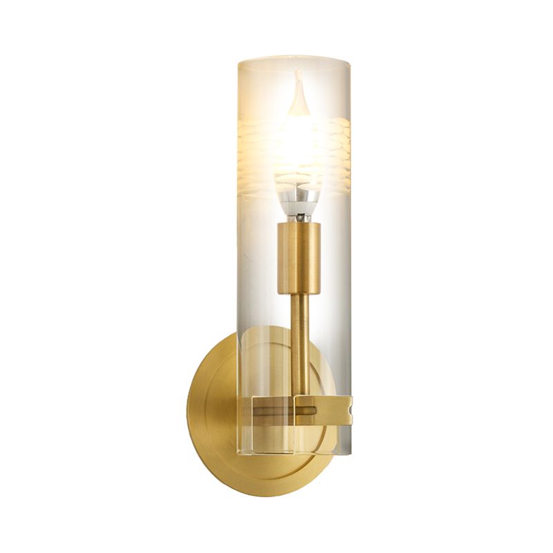 Modernism 1 Head Sconce Light Brass Cylindrical Wall Mounted Lighting with Clear Glass Shade