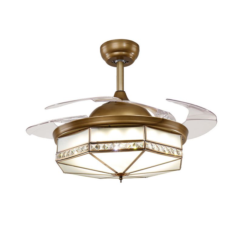 4 Blades Classic Geometric Shaped Ceiling Fan Light Frost Glass 42" Wide LED Semi Mount Lighting in Brass