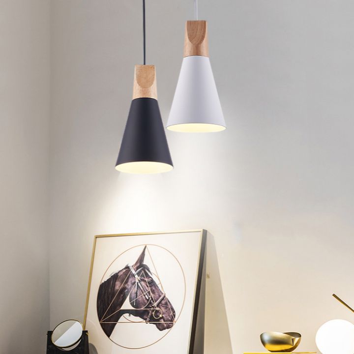 Metal Tapered Hanging Light Nordic Style 1 Light Wooden Top Ceiling Pendant Lamp for Living Room