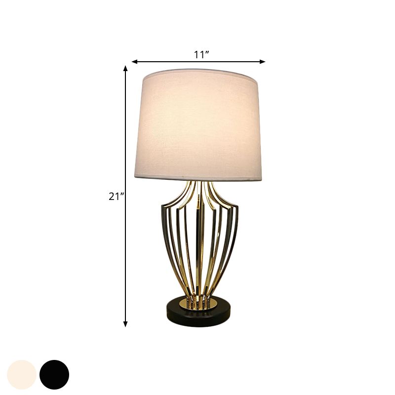 Minimal Barrel Night Table Lamp Fabric 11"/14" W 1 Head Bedroom Desk Lighting in Black/White with Urn Cage Base