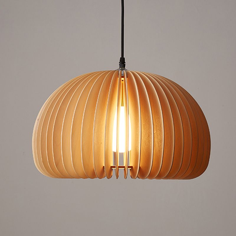 Lampada a ciondolo a cupola in legno Moderna 1 testa da 16,5 "Luce di sospensione beige larga per il ristorante