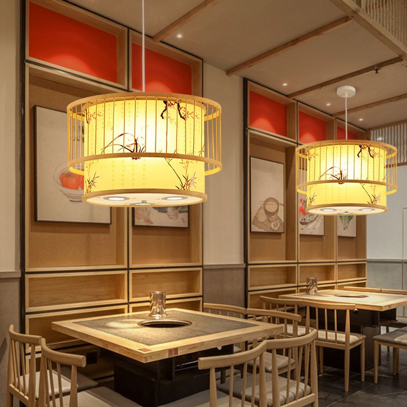 Chinesische Zylinderdecke Anhänger Leichte Bambus -Hängelampe für Teeberzimmer