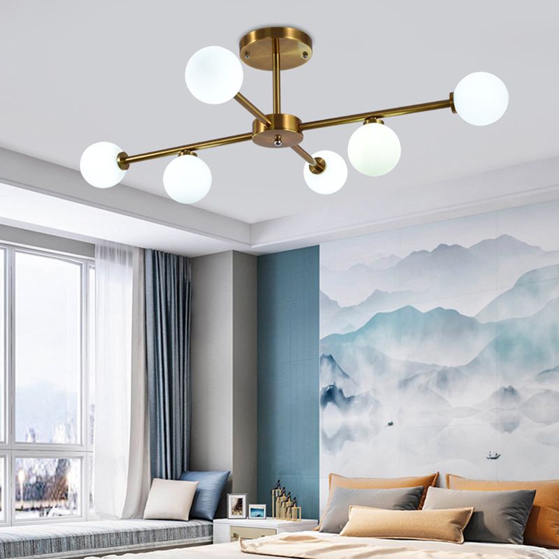 Living Room Semi Flush Light Fixture Minimalist Gold Semi Mount Lighting with Round Glass Shade
