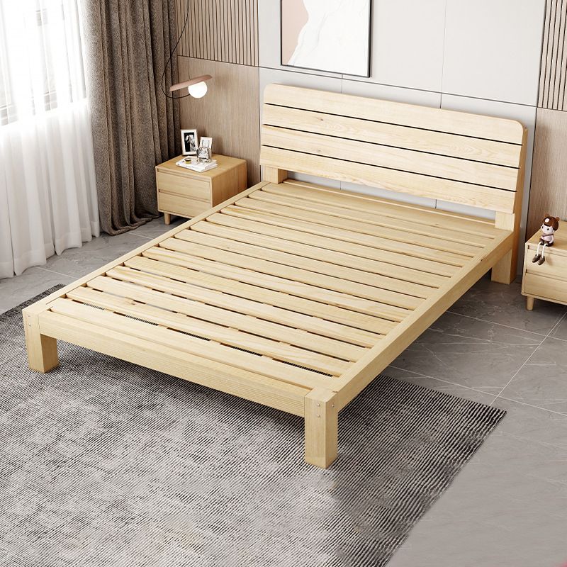 Scandinavian Wood Standard Bed, Slat Rectangular Headboard Bed
