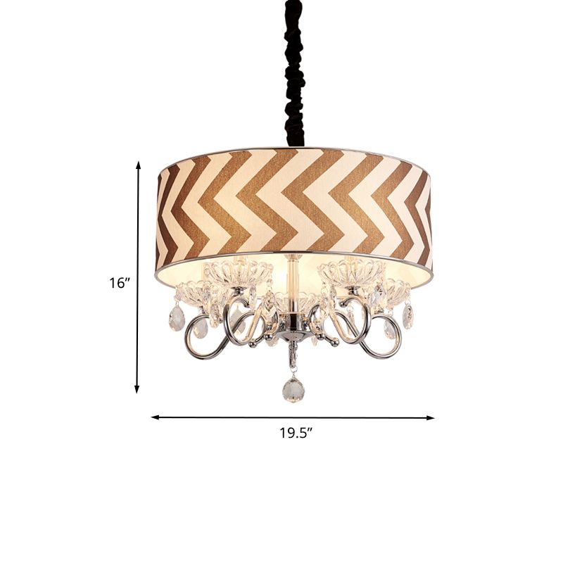 Drum Beige Fabric Chandelier Lamp Traditional 5 Heads Bedroom Hanging Light Fixture with Crystal Drop