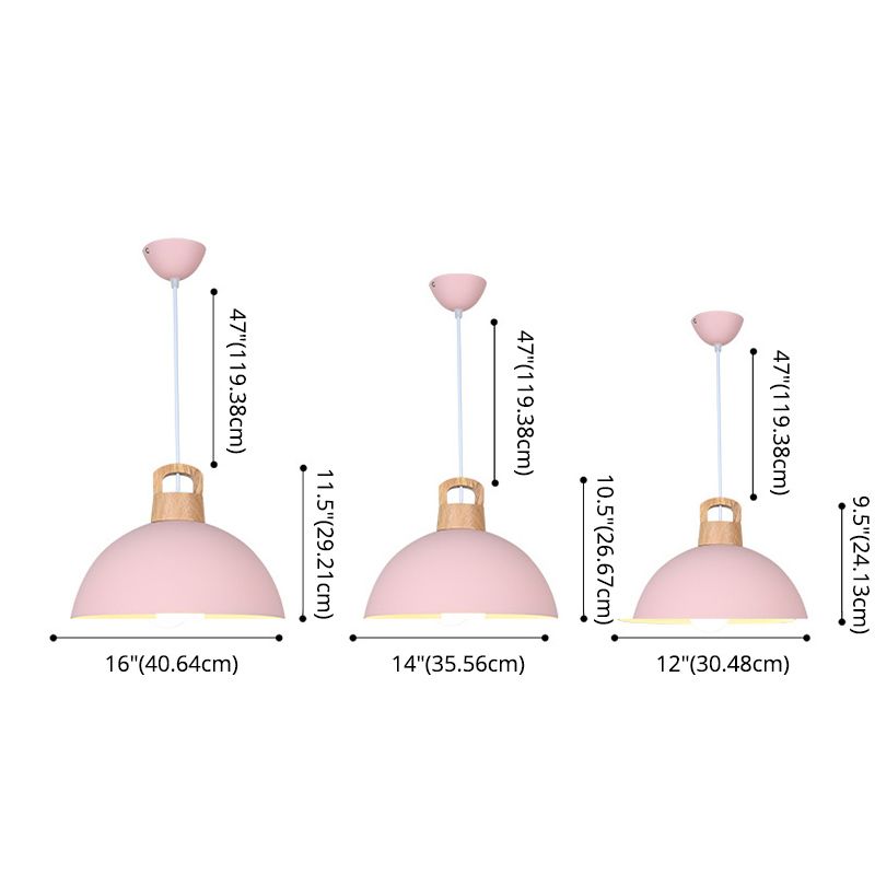 Macaron Style Domed Suspension Lamp Aluminum 1 Head Diner Pendant Light with Wooden Decor