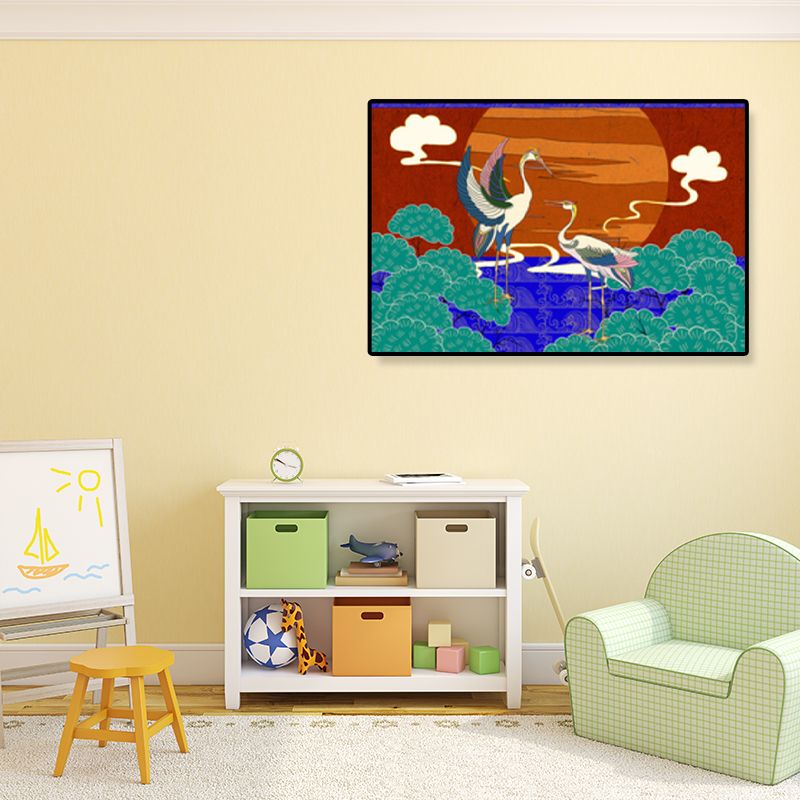Oosterse tekening print dier canvas kunst veelkleurige gastenkamer wanddecoratie, getextureerd