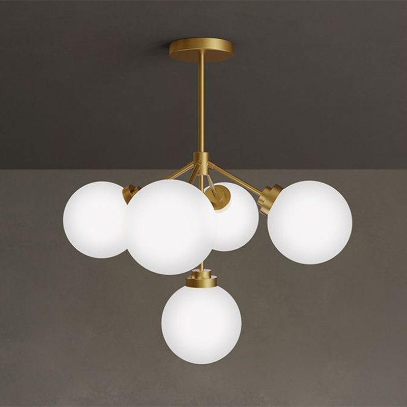Ball Dining Room Chandelier Light Opal Glass 5-Bulb Minimalist Hanging Lamp in Gold