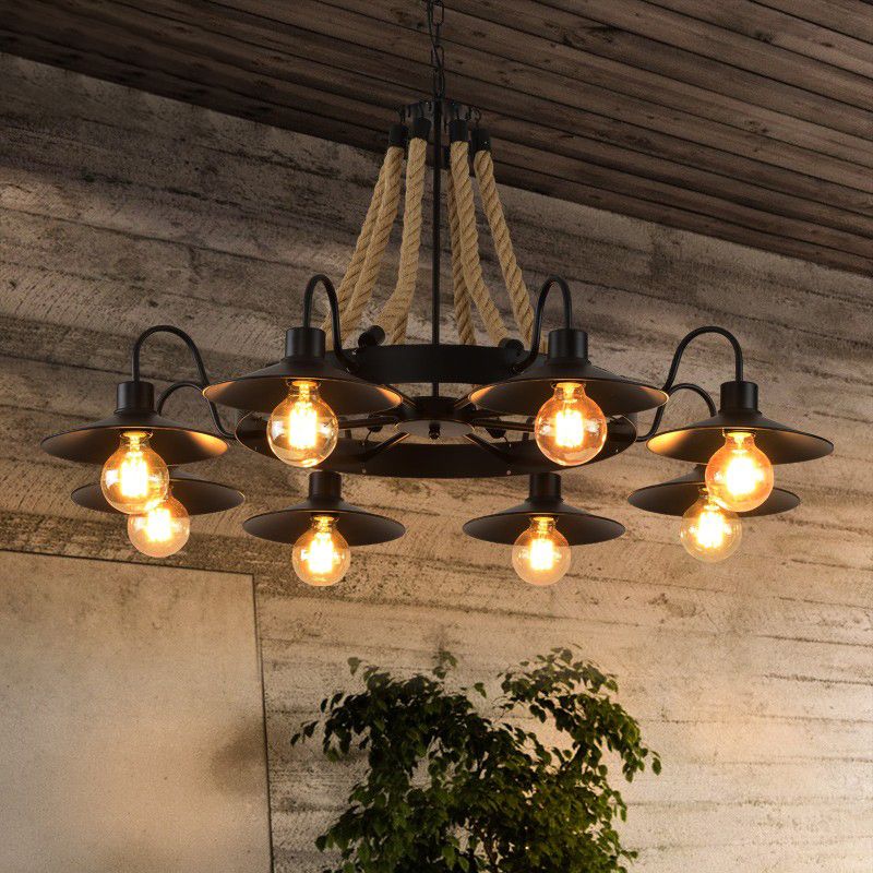 8-Lights Hemp Rope Cone-Shaped Chandelier Light Fixture Retro Restaurant Pendant Lighting Fixture in Black