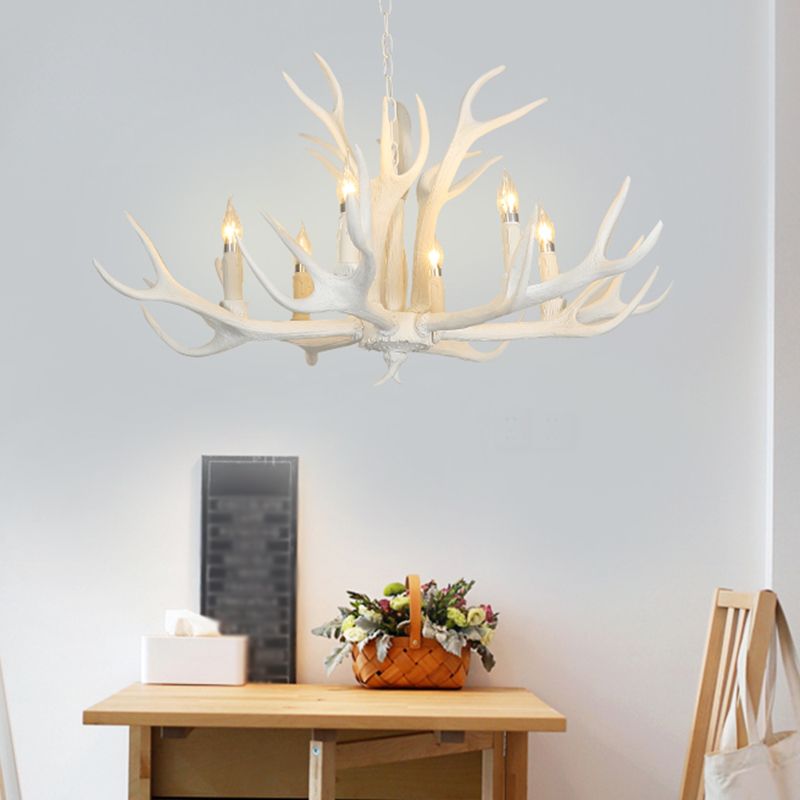 White Deer Horn Shaped Chandelier Lighting Classic Resin Living Room Pendant Light
