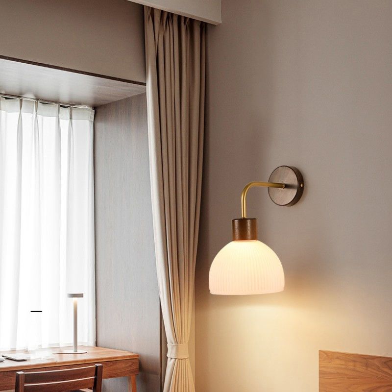 1-Light Wall Lamp Modern Wooden Wall Mount Lamp with Glass Shade for Living Room