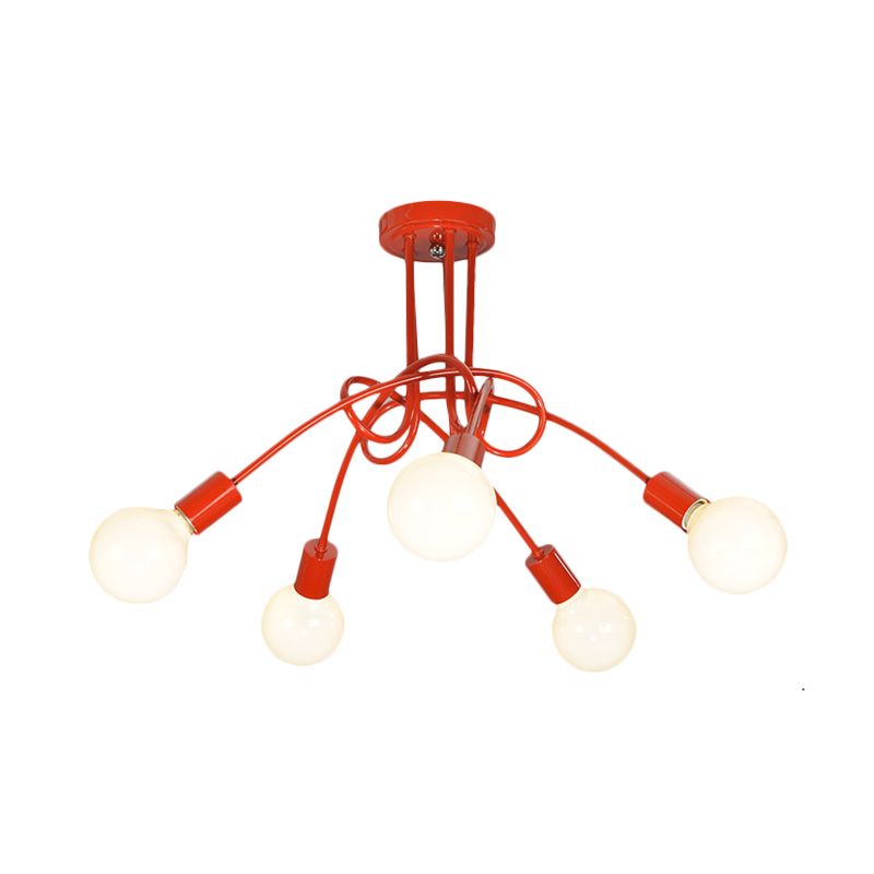 Curved Arm Semi Flush Lighting Contemporary Metal 3/5 Lights Blue/Red Semi Flush Ceiling Lamp Fixture