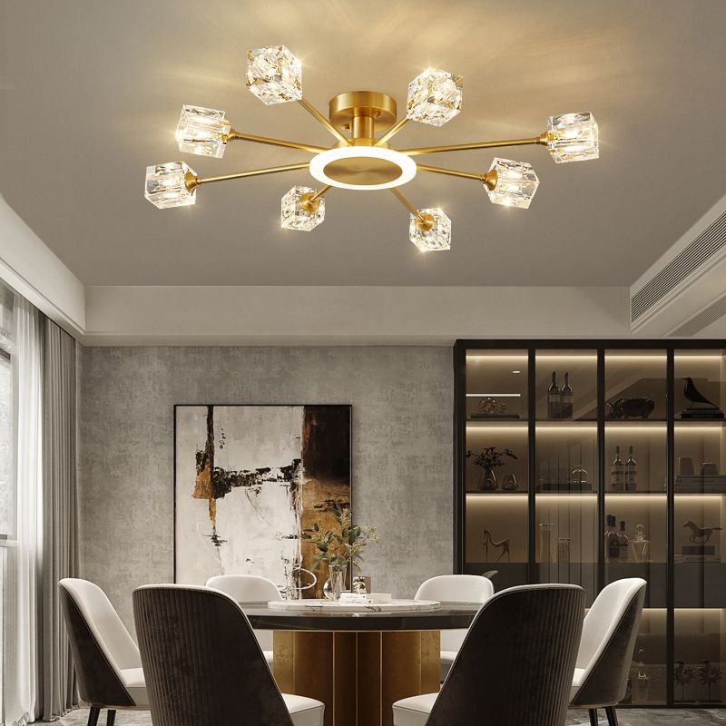 Square Crystal Shade Semi Flush Mount in Modern Luxury Style Sputnik Metal Ceiling Light for Living Room
