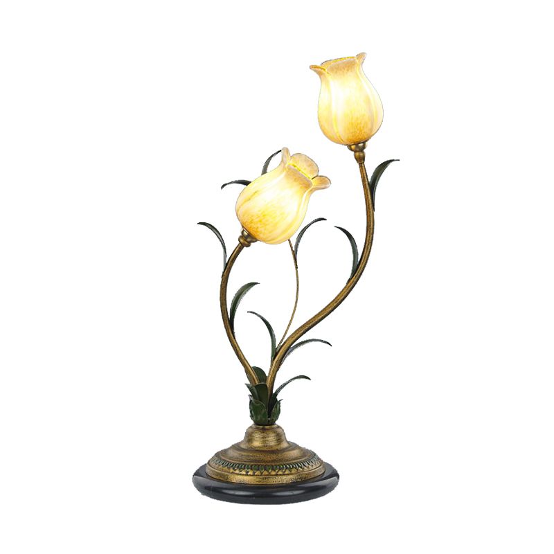 Brass Tulip Nightstand Lighting Romantic Pastoral White/Yellow Glass 2 Bulbs Bedroom Night Table Lamp