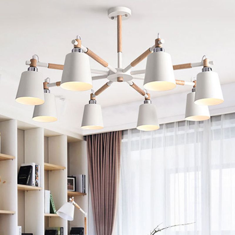 Cone Shade Metal Hanging Lamp Macaron Style Wood Chandelier for Living Room