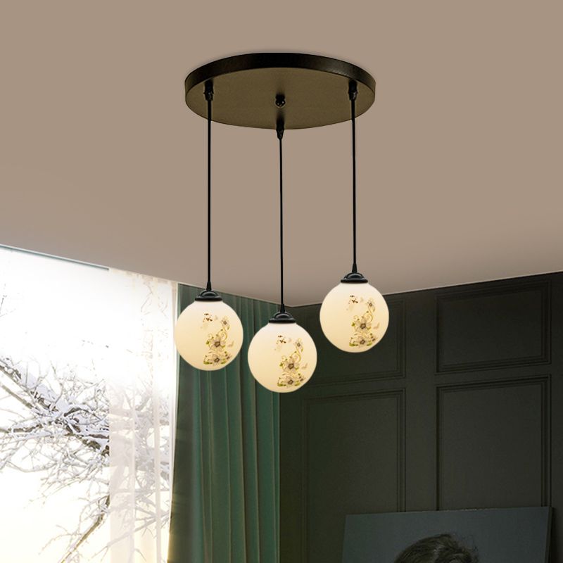 Black Sphere Multi Ceiling Lamp Modernism White Printing Glass 3-Light Dining Room Pendant with Round/Linear Canopy