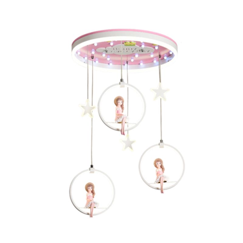 Pink/Blue Circle Flush Mount Lamp Kids Metal LED Ceiling Light Fixture with Suspended Princess/Astronaut