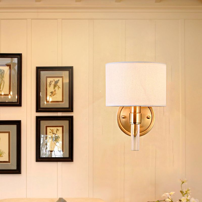 Metal Brass Wall Lamp Drum 1-Light Vintage Wall Light Sconce with White Fabric Shade for Study