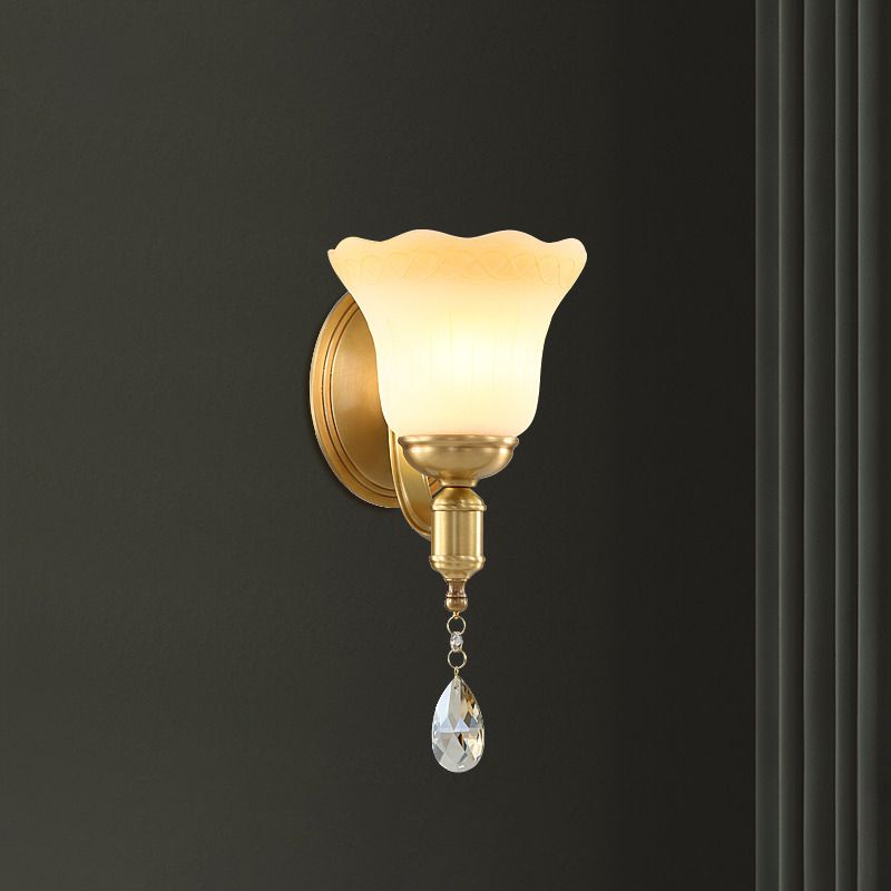 Blossom Opaque Glass Wall Lamp Retro Style 1/2-Head Gold Wall Lighting Ideas with Crystal Drop