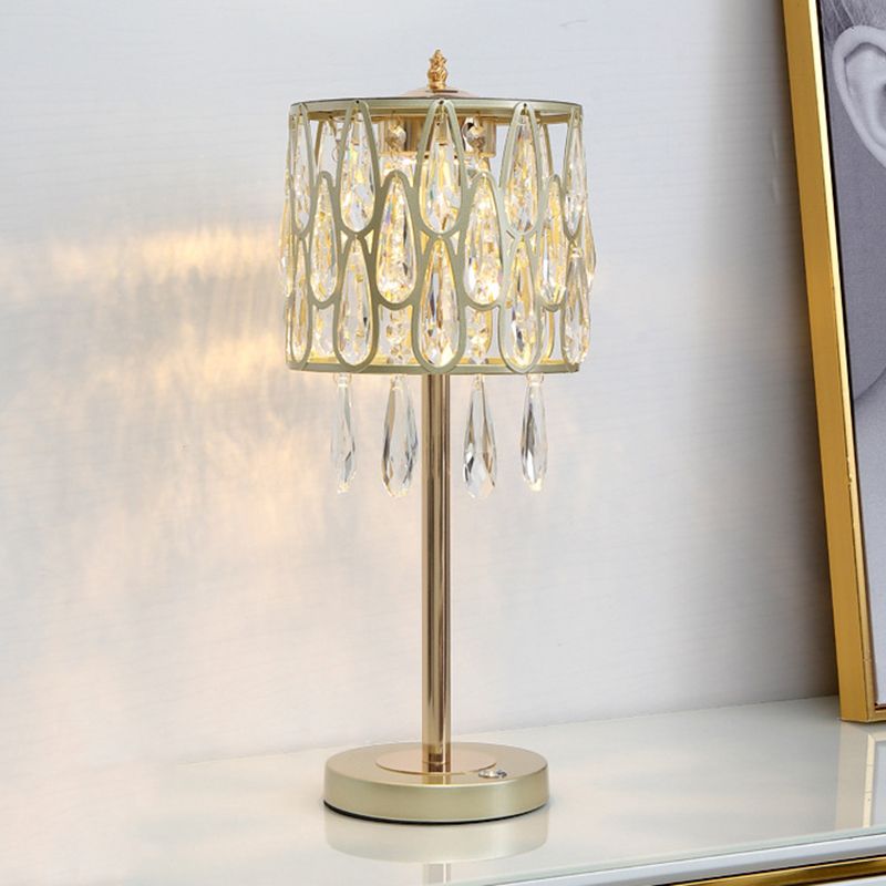 Metal Black/Gold/Champagne Nightstand Lamp Drum Shade 1 Head Contemporary Table Light with Crystal Raindrops Encrusted