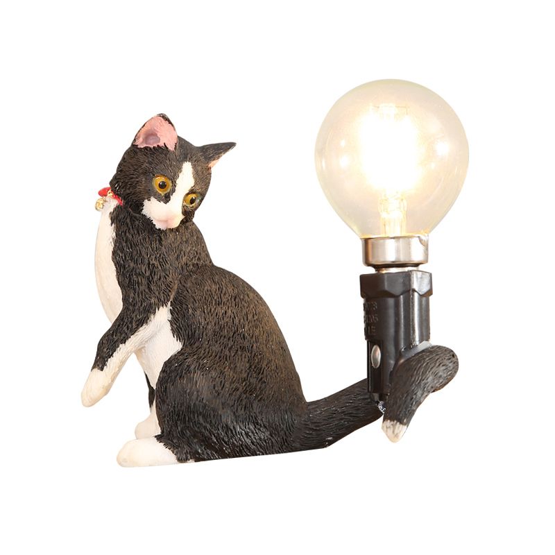 Tabby Cat Holder Table Lamp Kids Iron 1 Bulb Black/Yellow/Blue Nightstand Light with Bare Bulb Design