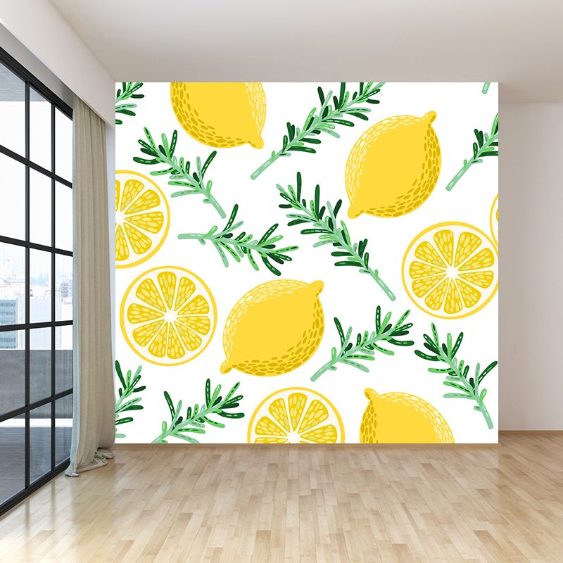 Modern Fruit and Leaves Mural Wallpaper Lemon Yellow Natural Botanical Wall Covering