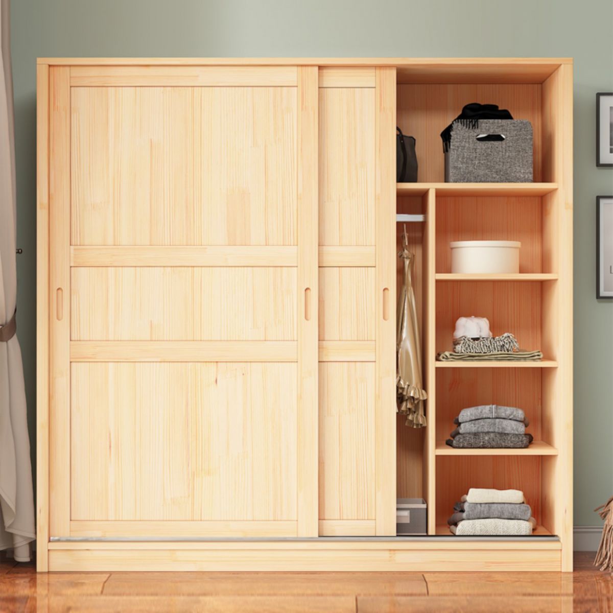 Natural Pine Solid Wood Wardrobe Freestanding Wardrobe with Sliding Doors