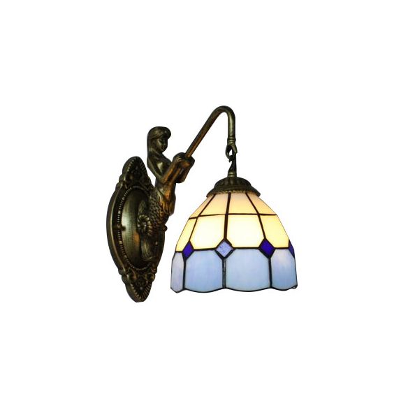 1 Head Wall Mount Light Tiffany Grid Patterned White and Blue Glass Sconce Light Fixture