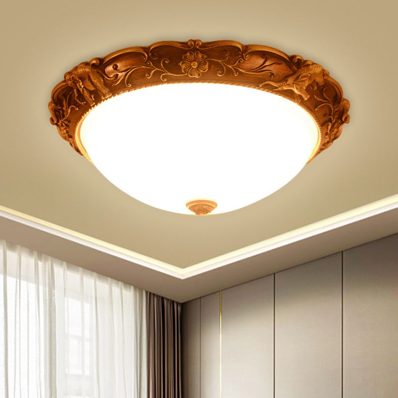 Opaline Glass Brass Flush Lamp Dome 16"/19.5" W 3-Bulb Rustic Style Ceiling Fixture with Carving Flower and Elephant Trim
