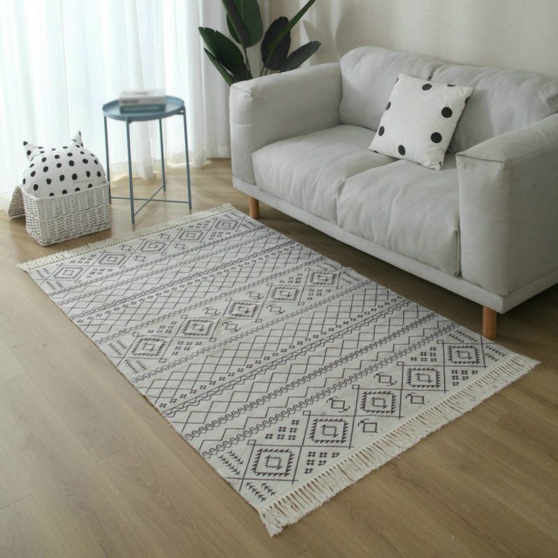 Simple Living Room Rug Multi-Color Geometric Printed Area Carpet Cotton Pet Friendly Easy Care Indoor Rug
