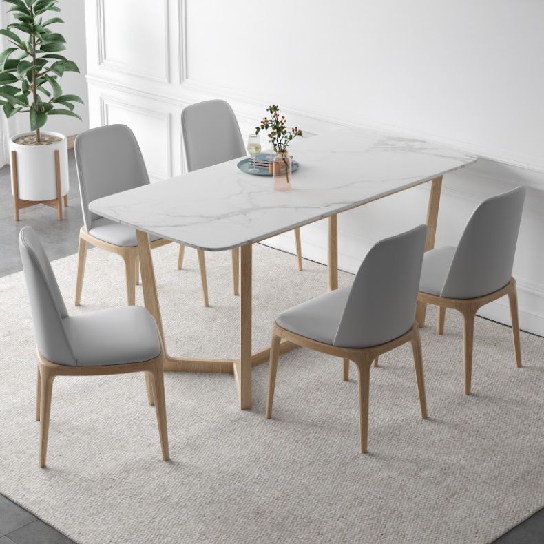 Contemporary Dining Table Set  with Solid Wood Table and PU Leather Chairs