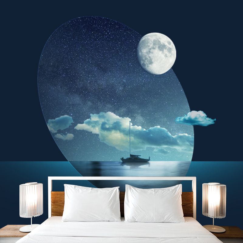 Moon Night Ocean Ship Mural Wallpaper Science Fiction Smooth Wall Covering in Blue