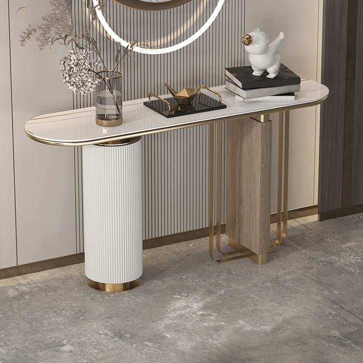 14 inch Wide Glam Accent Table Oval Stone Console Table for Hall