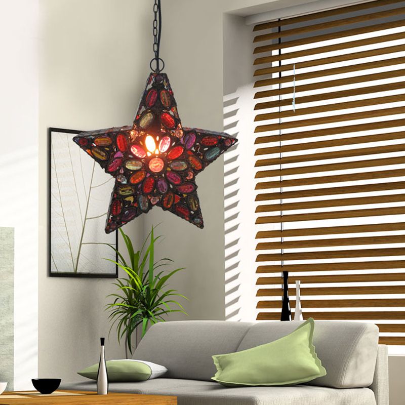 Pentagramma metallico a sospensione Luce a soffitto bohémien 1 testa lampada da salotto in rosso in rosso