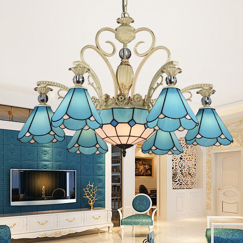 Blauw glas geschulpte kroonluchter mediterrane eetkamer plafond suspensielamp